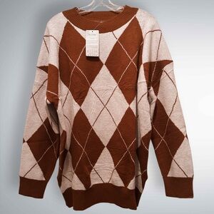 NWT Women’s Argyle Print Long Sleeve Crew Neck Sweater Tan/Brown Size L